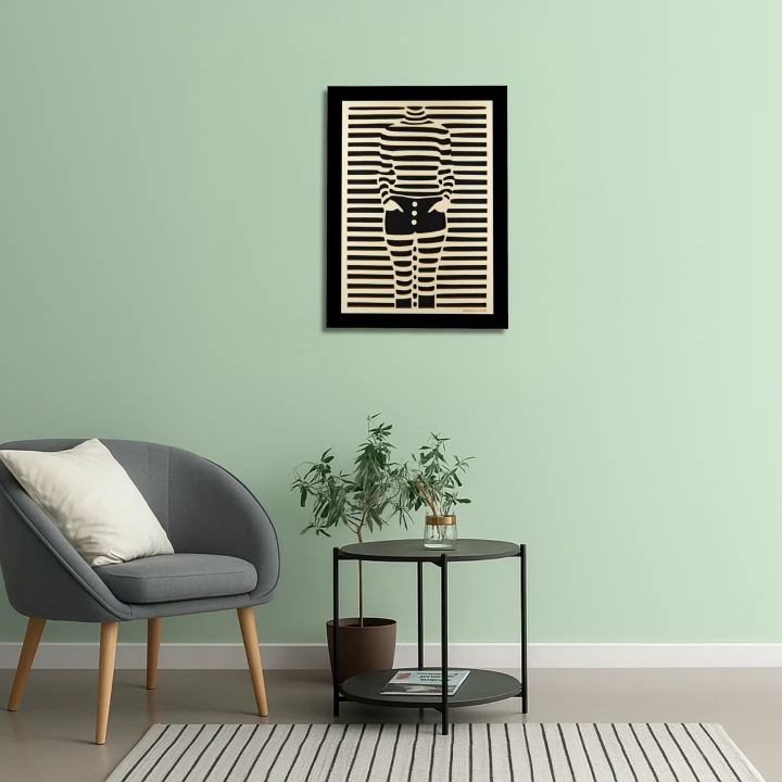 Waiting room environment with customizable wall art frame of a silhouette in cut and engraved wood front view
