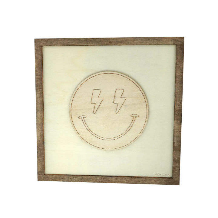 Customizable wall art frame of a lightning smiley in cut and engraved wood front view Woodillusion
