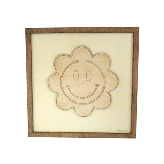Customizable wall art frame of a flower smiley in cut and engraved wood front view Woodillusion