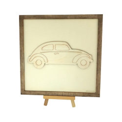 Customizable wall art frame of a race car in cut and engraved wood front view with easel Woodillusion