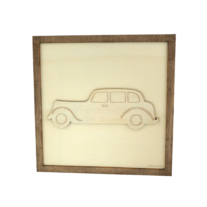 Customizable wall art frame of a vintage car in cut and engraved wood front view Woodillusion