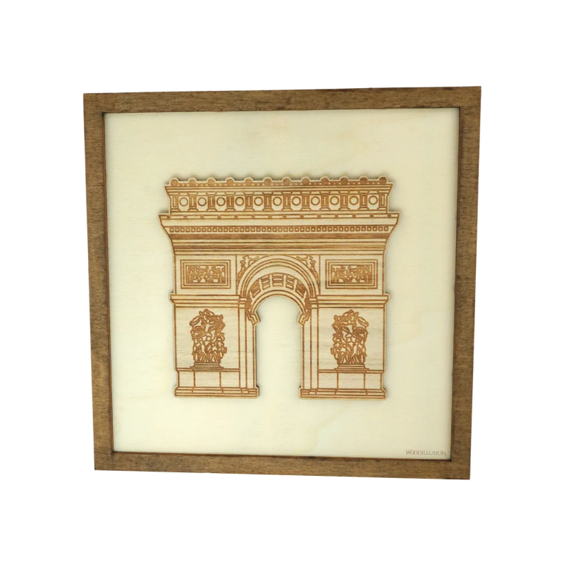 Tableau cadre personnalisable de l’Arc de Triomphe en bois découpé et gravé vue de face Woodillusion