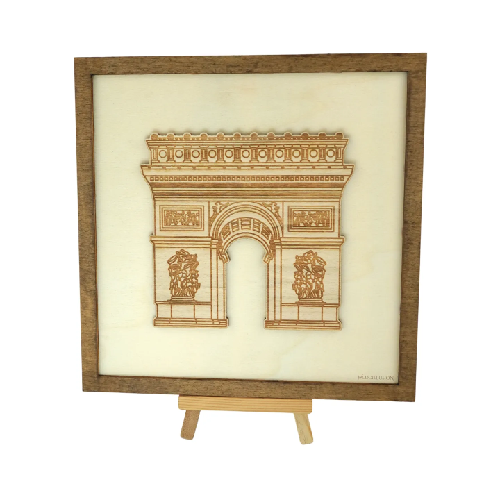 Customizable wall art frame of the Arc de Triomphe in cut and engraved wood front view with easel Woodillusion
