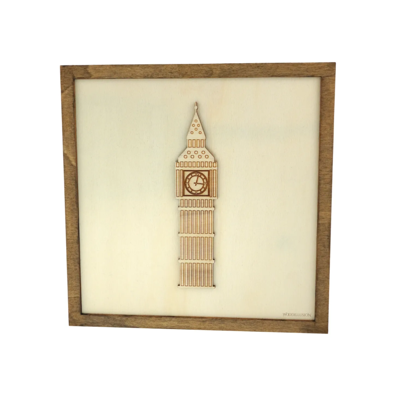 Tableau cadre personnalisable de Big Ben en bois découpé et gravé vue de face Woodillusion