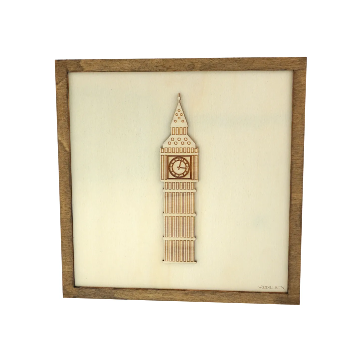 Customizable wall art frame of Big Ben in cut and engraved wood front view Woodillusion