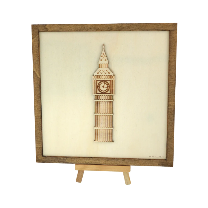 Customizable wall art frame of Big Ben in cut and engraved wood front view with easel Woodillusion