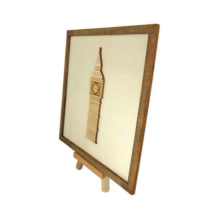 Customizable wall art frame of Big Ben in cut and engraved wood side view with easel Woodillusion