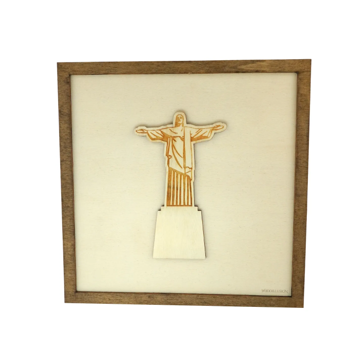 Customizable wall art frame of Christ the Redeemer in cut and engraved wood front view Woodillusion