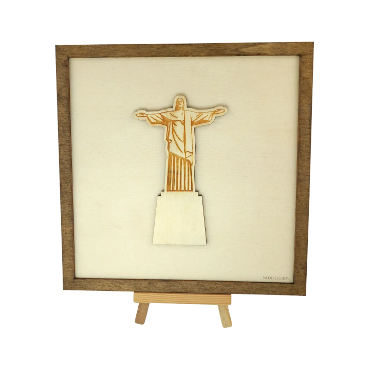 Customizable wall art frame of Christ the Redeemer in cut and engraved wood front view with easel Woodillusion
