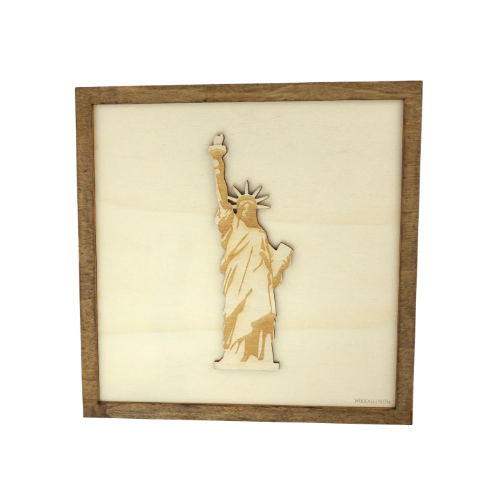 Customizable wall art frame of the Statue of Liberty in cut and engraved wood front view Woodillusion