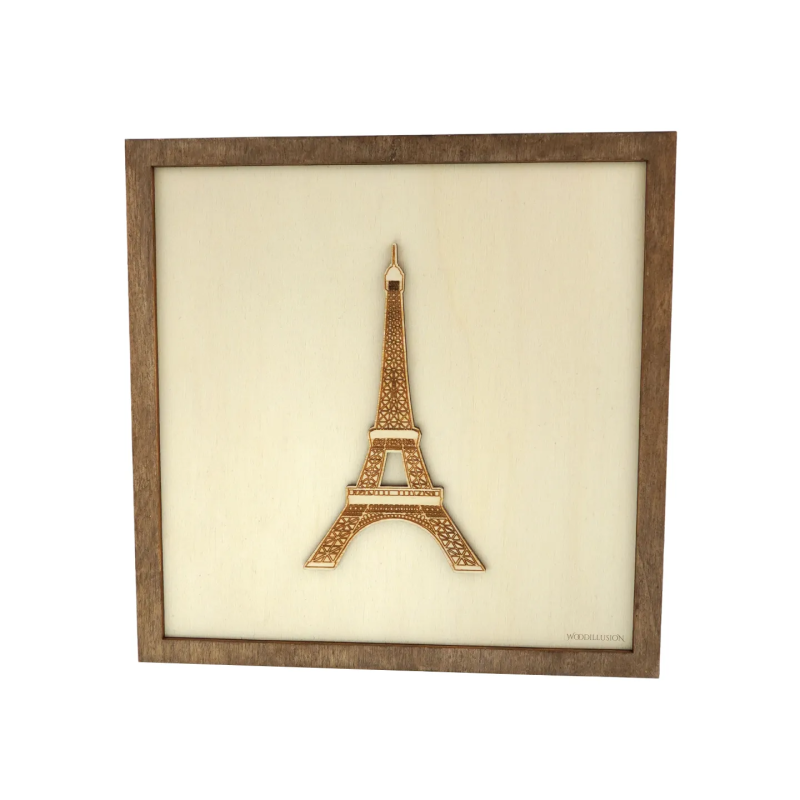 Customizable wall art frame of the Eiffel Tower in cut and engraved wood front view Woodillusion