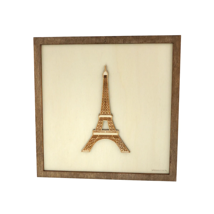 Tableau cadre personnalisable de la Tour Eiffel en bois découpé et gravé vue de face Woodillusion