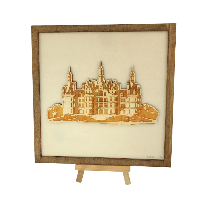 Customizable wall art frame of the Château de Chambord in cut and engraved wood front view with easel Woodillusion