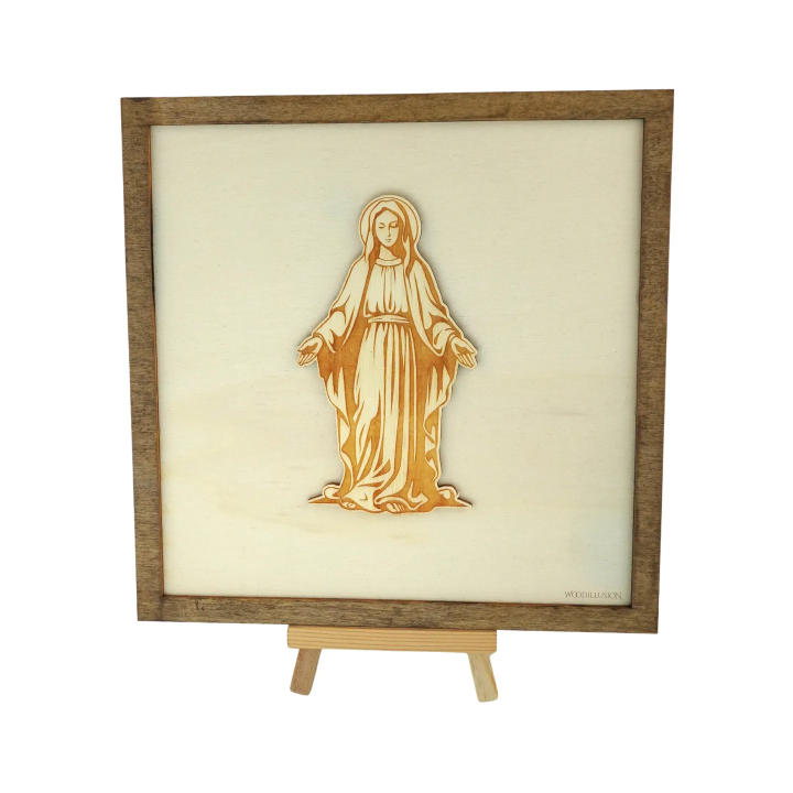Customizable wall art frame of Mary in cut and engraved wood front view with easel Woodillusion