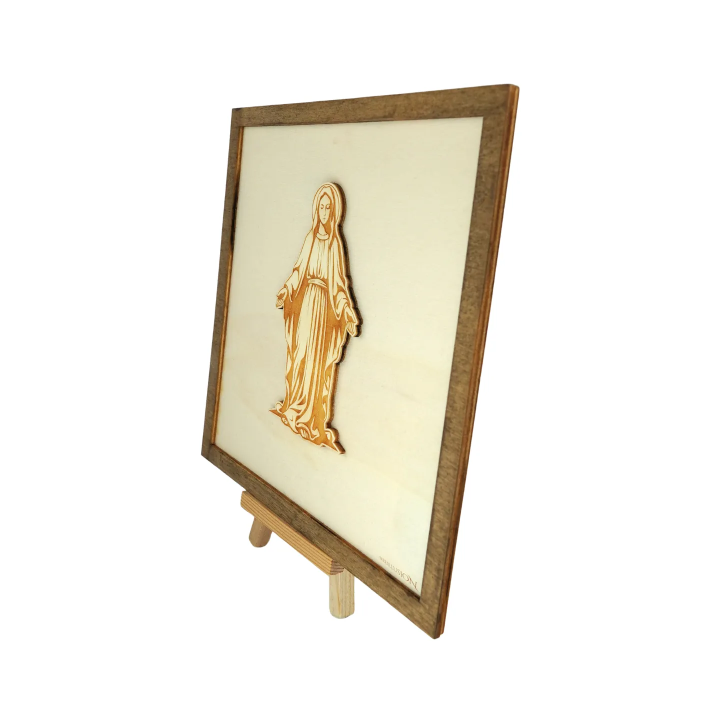 Customizable wall art frame of Mary in cut and engraved wood side view with easel Woodillusion