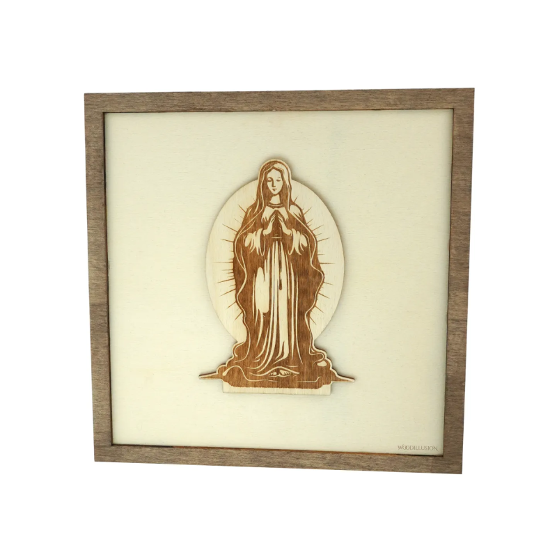 Tableau cadre personnalisable de Marie en bois découpé et gravé vue de face Woodillusion