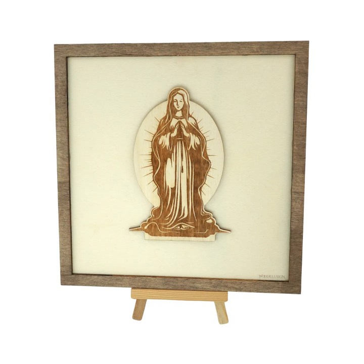 Customizable wall art frame of Mary in cut and engraved wood front view with easel Woodillusion