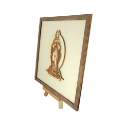 Customizable wall art frame of Mary in cut and engraved wood side view with easel Woodillusion