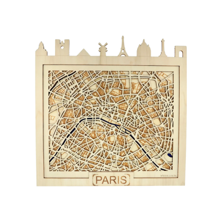 Customizable wall art frame of Paris in cut and engraved wood front view 40x40 cm Woodillusion