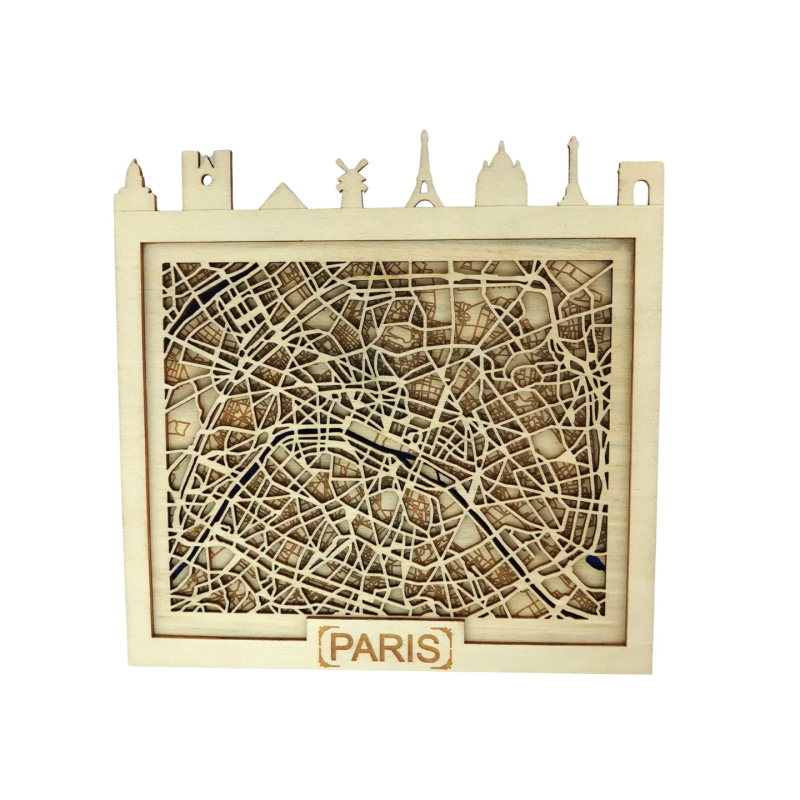 Customizable wall art frame of Paris in cut and engraved wood front view 20x20 cm Woodillusion