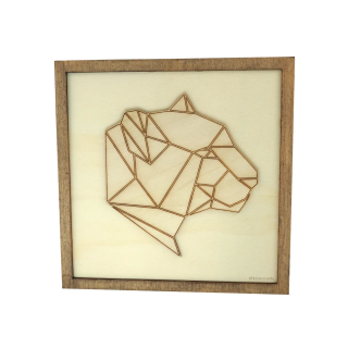 Tableau cadre personnalisable d’un jaguar en bois découpé et gravé vue de face Woodillusion