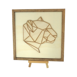 Customizable wall art frame of a jaguar in cut and engraved wood front view with easel Woodillusion