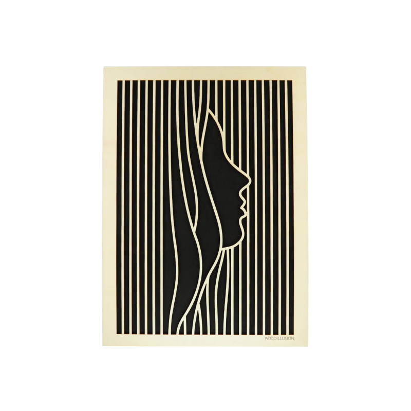 Customizable wall art frame of a face in cut and engraved wood front view Woodillusion