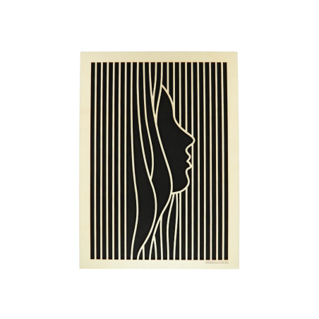 Customizable wall art frame of a face in cut and engraved wood front view Woodillusion