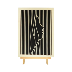 Customizable wall art frame of a face in cut and engraved wood front view with easel Woodillusion