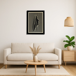Living room environment with customizable wall art frame of a face in cut and engraved wood front view with frame Woodillusion