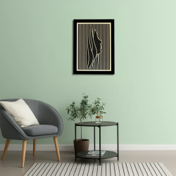 Waiting room environment with customizable wall art frame of a face in cut and engraved wood front view with frame