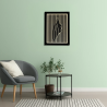 Waiting room environment with customizable wall art frame of a face in cut and engraved wood front view with frame