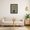 Living room environment with customizable wall art frame of a silhouette in cut and engraved wood front view with frame