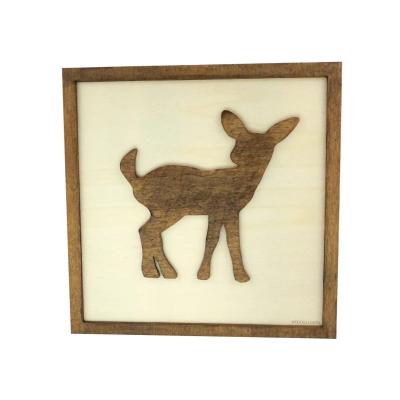 Customizable wall art frame of a fawn in cut and engraved wood front view Woodillusion
