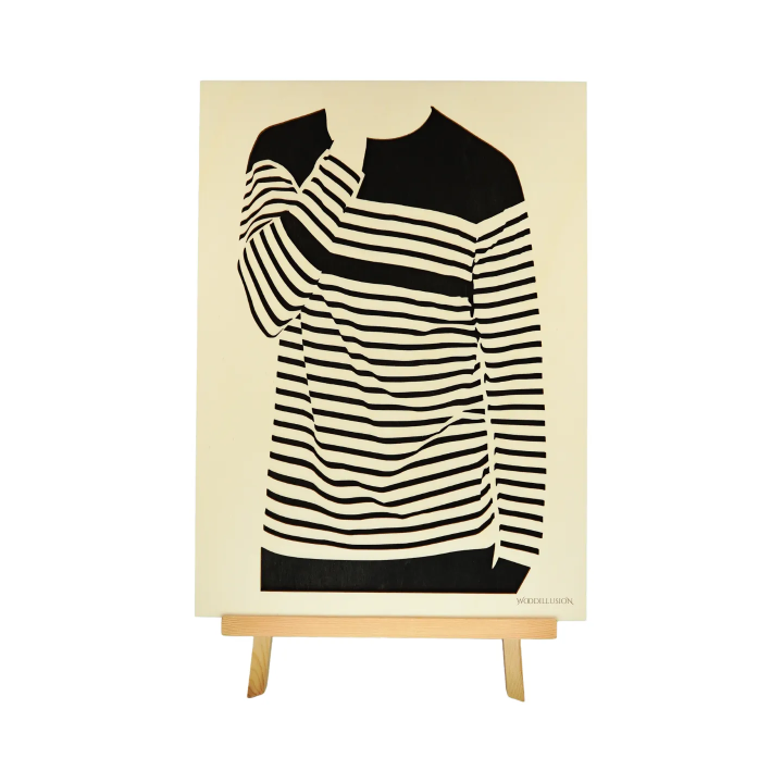 Customizable wall art frame of a silhouette in cut and engraved wood front view with easel Woodillusion