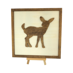 Customizable wall art frame of a fawn in cut and engraved wood front view with easel Woodillusion