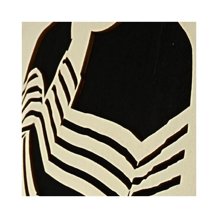 Zoom on customizable wall art frame of a silhouette in cut and engraved wood side view with easel Woodillusion