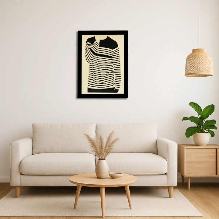 Living room environment with customizable wall art frame of a silhouette in cut and engraved wood front view with frame
