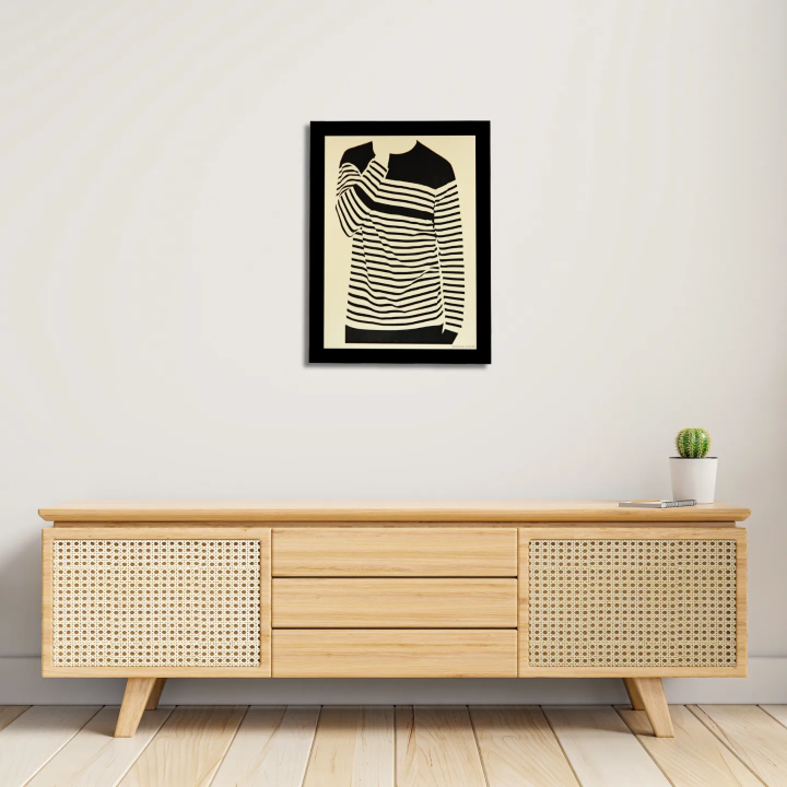 Entryway environment with customizable wall art frame of a silhouette in cut and engraved wood front view with frame