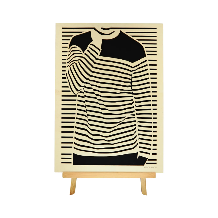 Customizable wall art frame of a silhouette in cut and engraved wood front view with easel Woodillusion