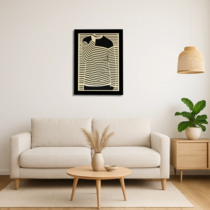 Living room environment with customizable wall art frame of a silhouette in cut and engraved wood front view with frame