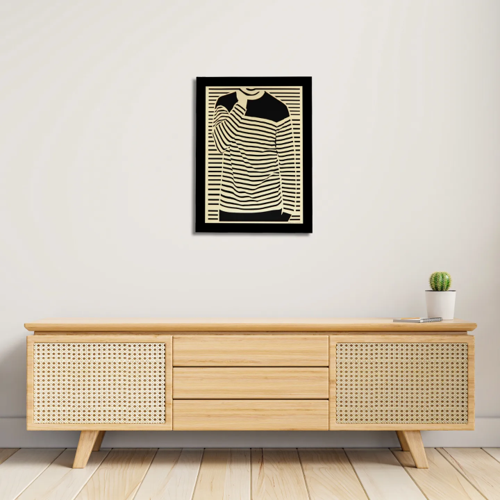 Entryway environment with customizable wall art frame of a silhouette in cut and engraved wood front view with frame