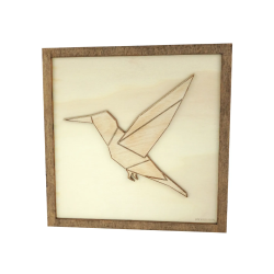 Customizable wall art frame of a hummingbird in cut and engraved wood front view Woodillusion