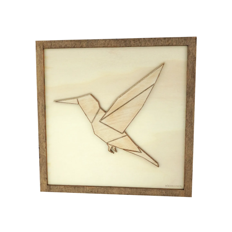 Customizable wall art frame of a hummingbird in cut and engraved wood front view Woodillusion