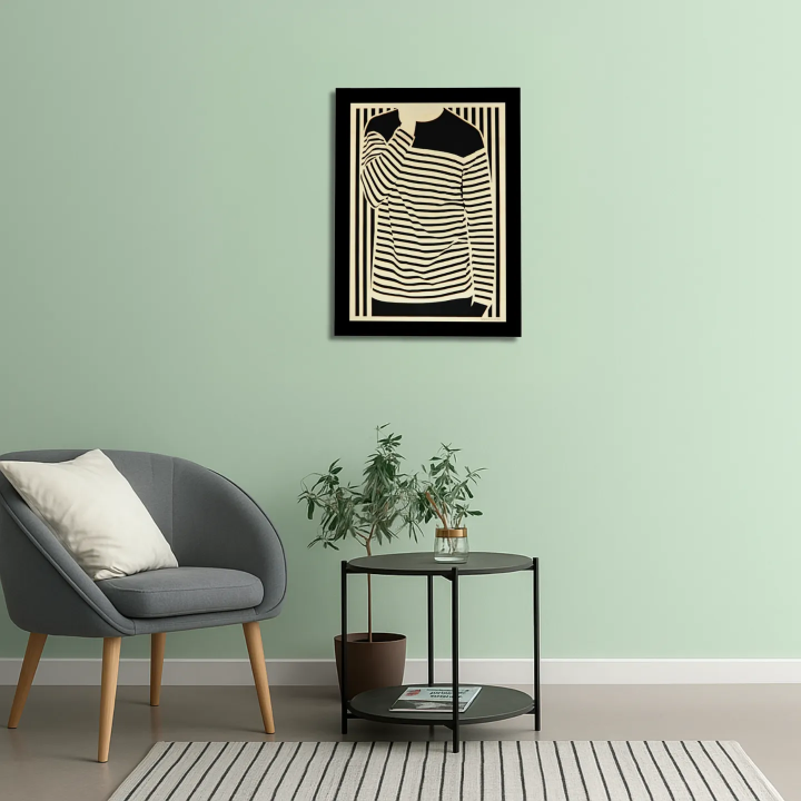 Waiting room environment with customizable wall art frame of a silhouette in cut and engraved wood front view