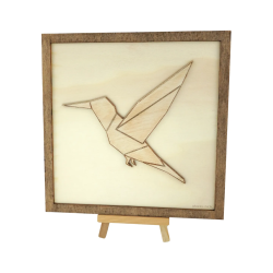 Customizable wall art frame of a hummingbird in cut and engraved wood front view with easel Woodillusion