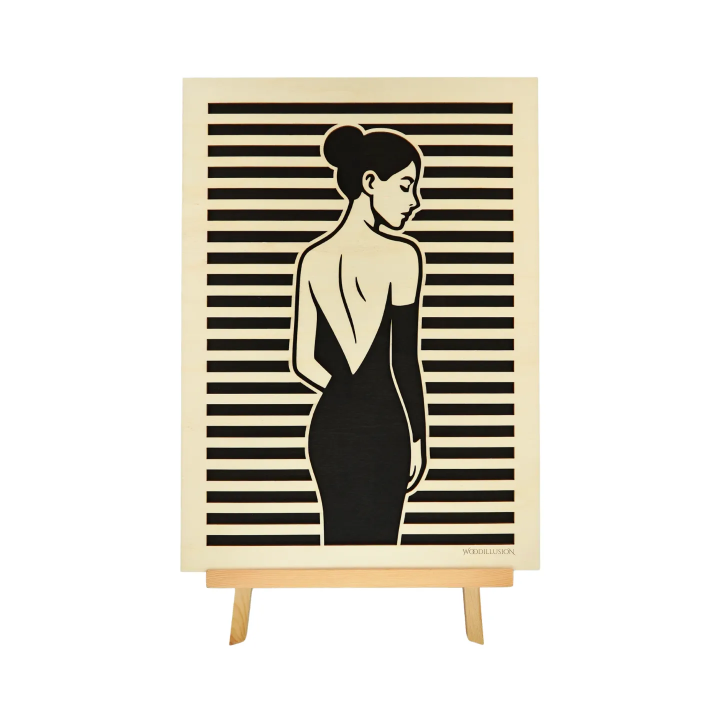Customizable wall art frame of a silhouette in cut and engraved wood front view with easel Woodillusion
