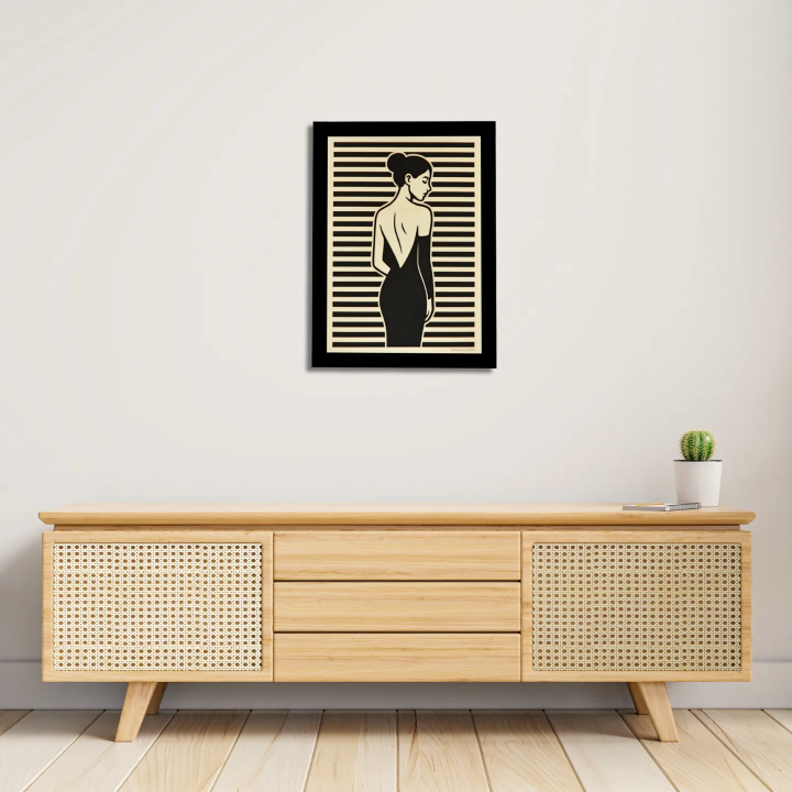 Entryway environment with customizable wall art frame of a silhouette in cut and engraved wood front view Woodillusion