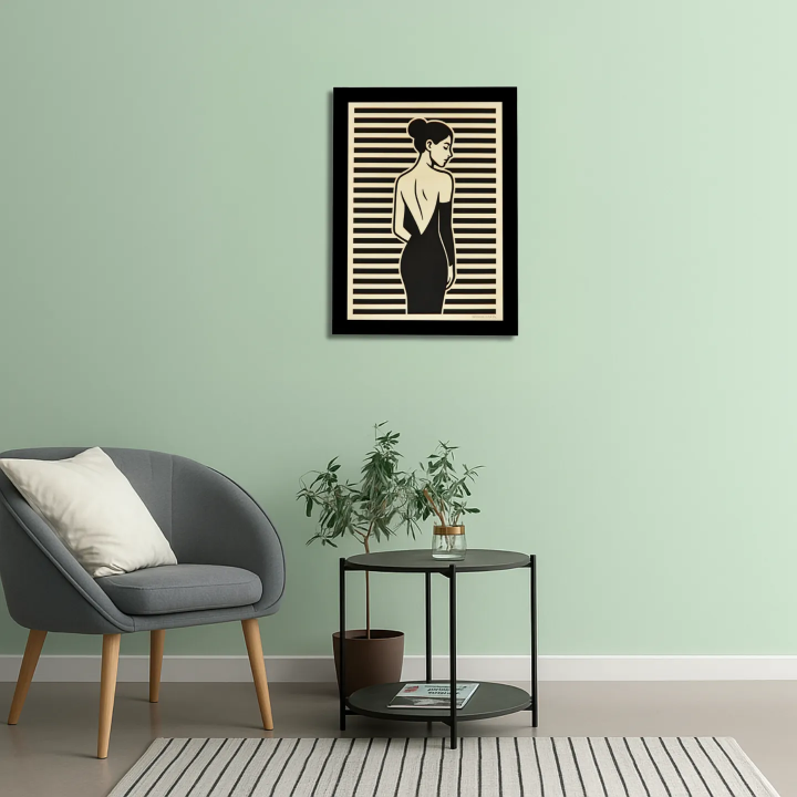 Waiting room environment with customizable wall art frame of a silhouette in cut and engraved wood front view