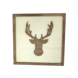 Customizable wall art frame of a deer in cut and engraved wood front view Woodillusion